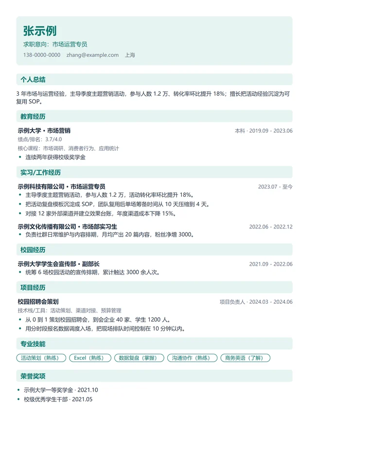 服务端渲染导出的 A4 简历成品：单页版式、技能标签带框、含简历照片位